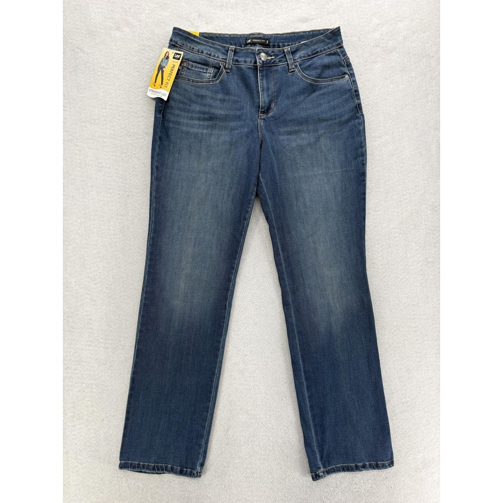 Lee Perfect Fit Seattle Straight Jeans Womens 12 Blue Wash Mid Rise Stretch NWT